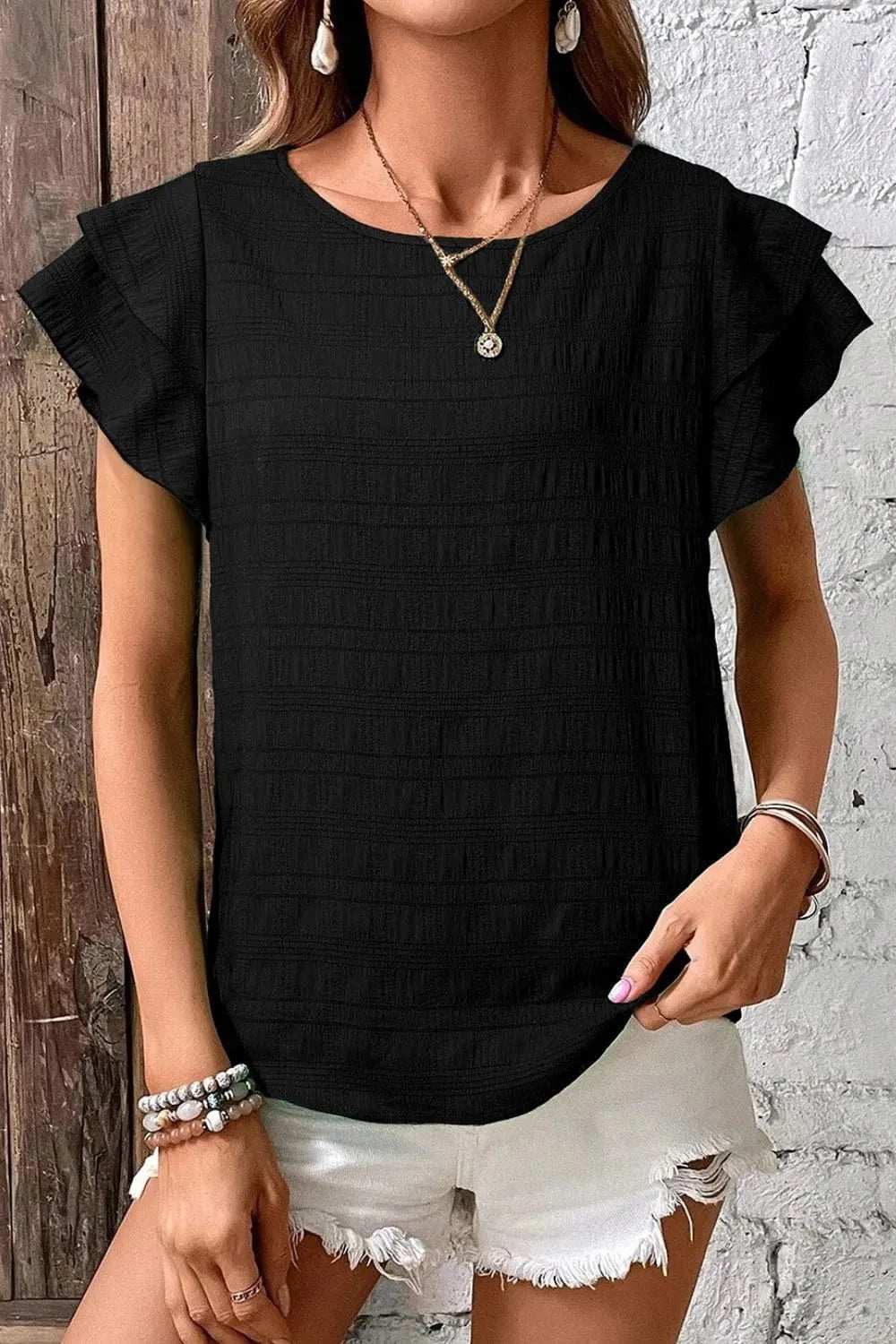 Round Neck Ruffled Layered Short Sleeve Blouse - Trendsi - Flyclothing LLC