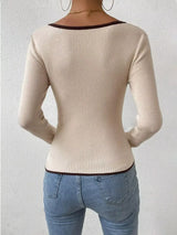 Contrast Trim Long Sleeve Knit Top - Trendsi - Flyclothing LLC