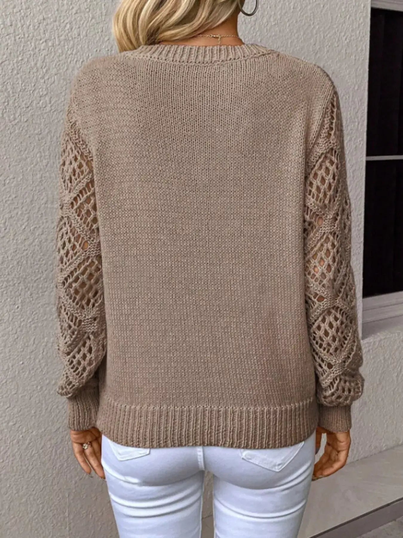 V-Neck Crochet Sleeve Sweater - Trendsi - Flyclothing LLC