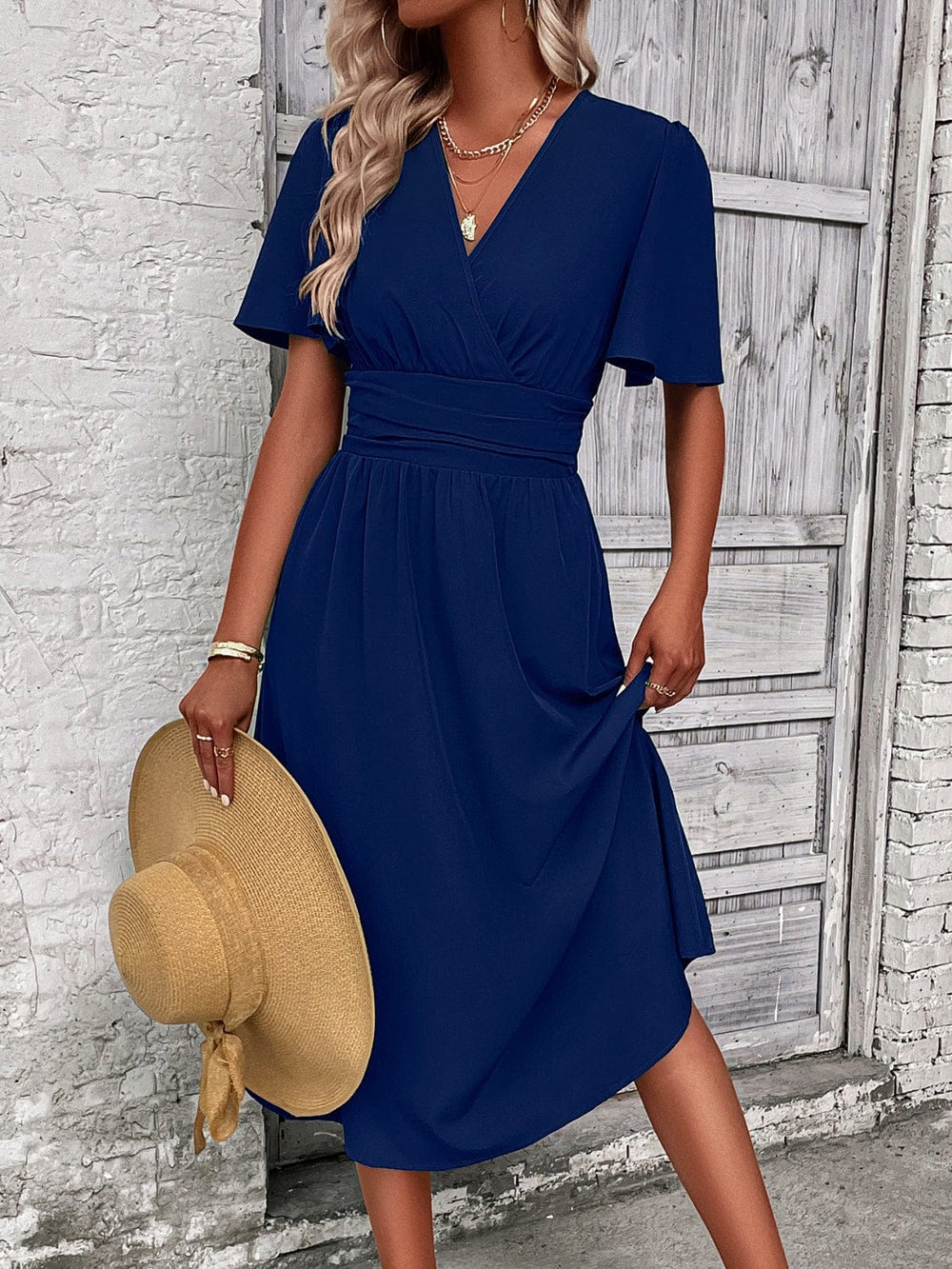 Surplice Flutter Sleeve Midi Dress - Trendsi
