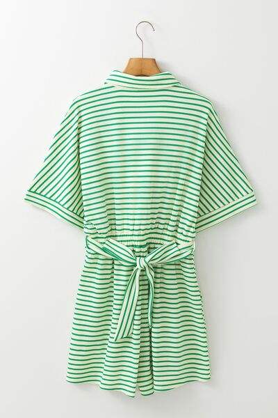 Striped Half Sleeve Tie Waist Romper - Trendsi - Flyclothing LLC