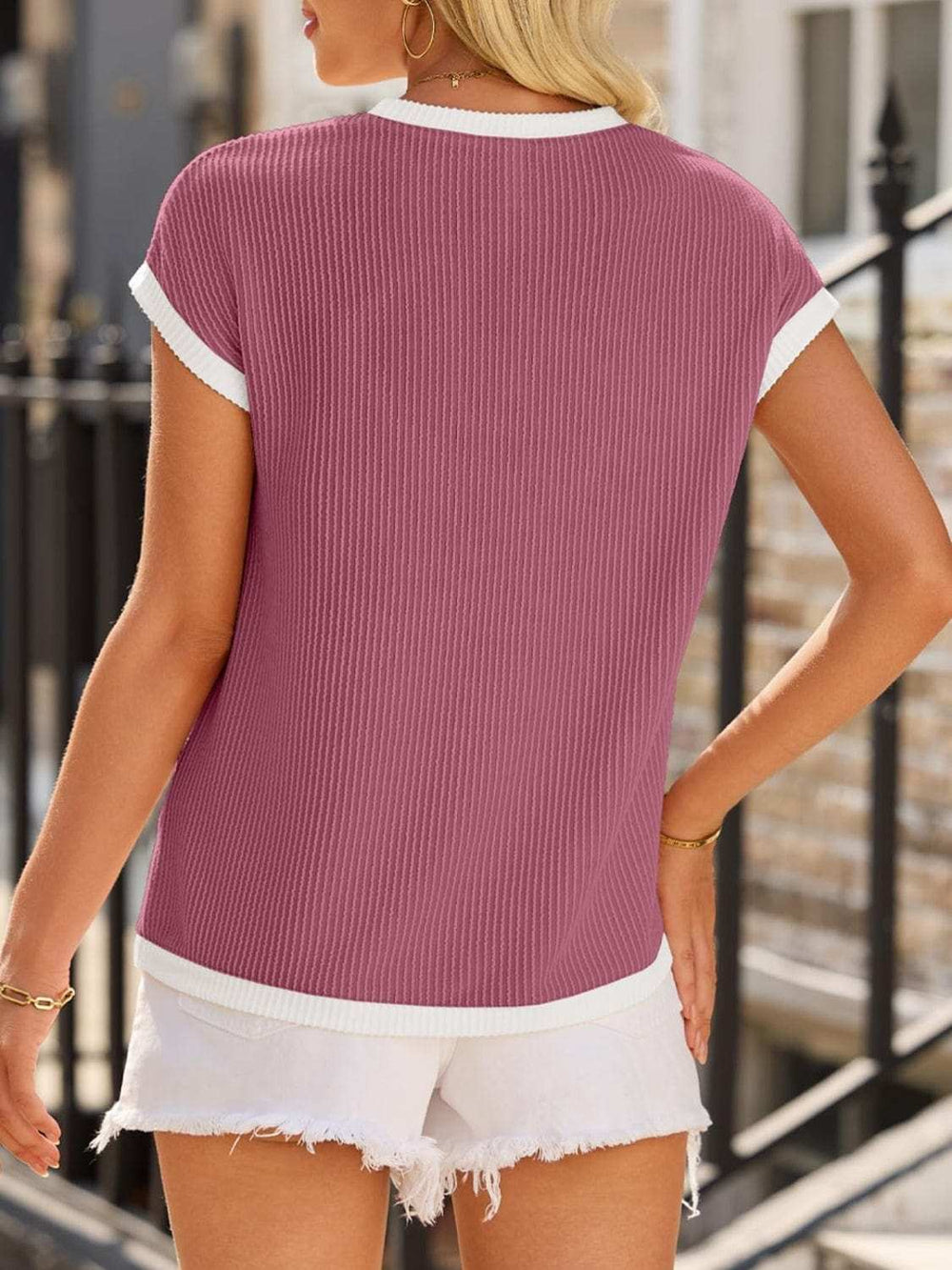 Contrast Trim Round Neck Short Sleeve T-Shirt - Trendsi - Flyclothing LLC