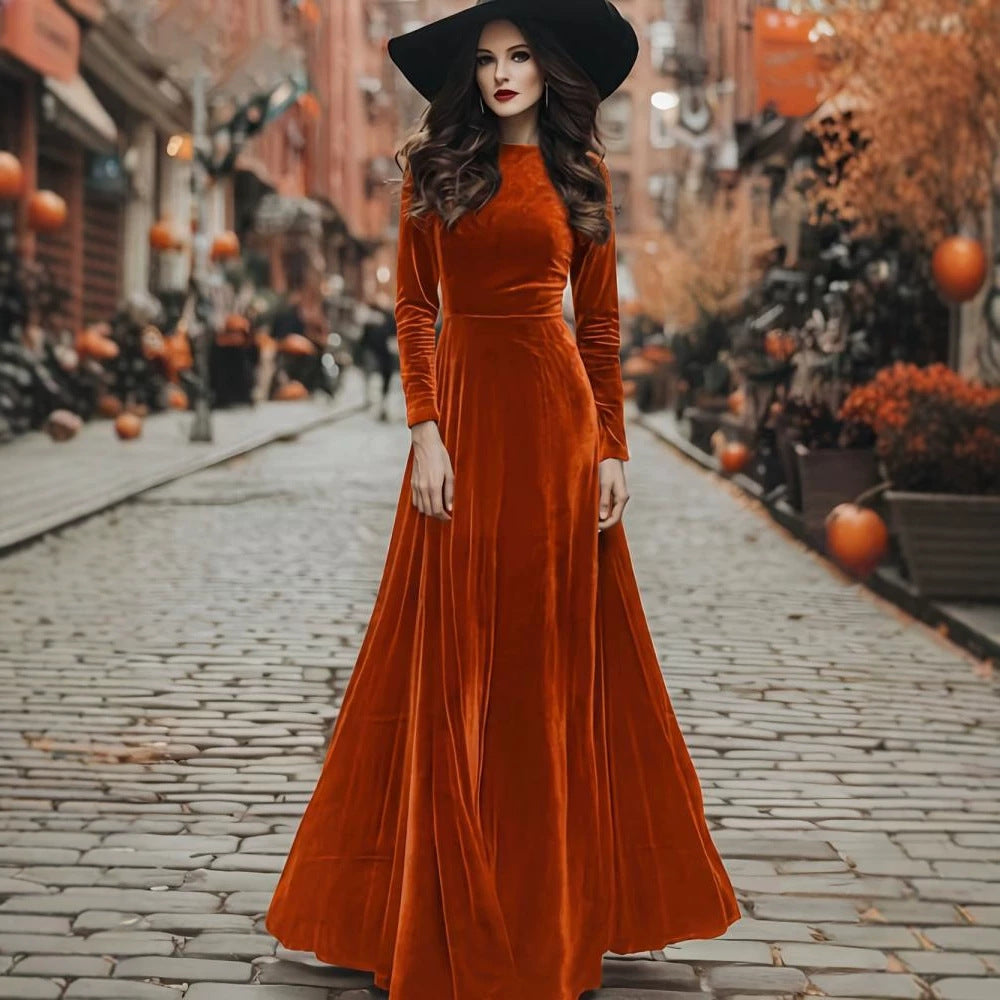 Women's Halloween Long-sleeve Long Velvet Dress