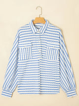 Stripe Half Button Collared Chest Pockets Loose Fit Blouse - Trendsi - Flyclothing LLC