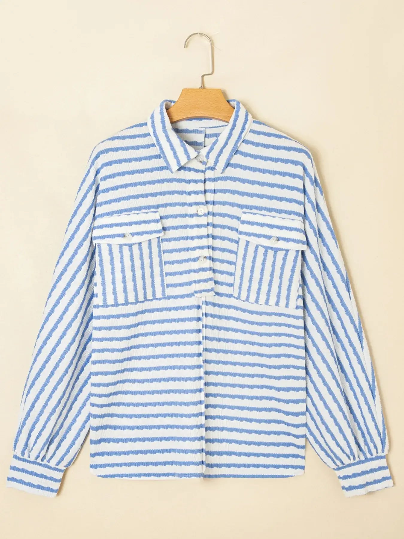 Stripe Half Button Collared Chest Pockets Loose Fit Blouse - Trendsi - Flyclothing LLC