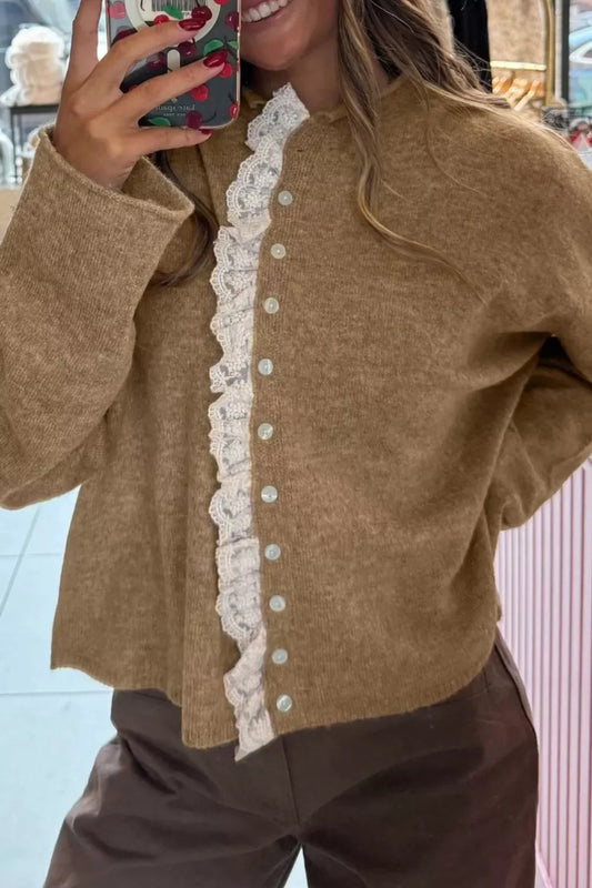 Lace Trim Button-Down Cardigan - Trendsi - Flyclothing LLC