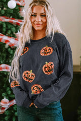 Sequin Patch Pumpkin Round Neck Sweatshirt - Trendsi - Flyclothing LLC