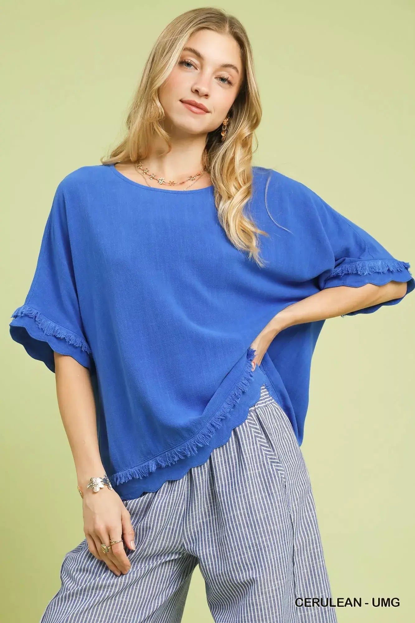 Umgee Linen Frayed Hem Scallop Edge Top - Trendsi - Flyclothing LLC