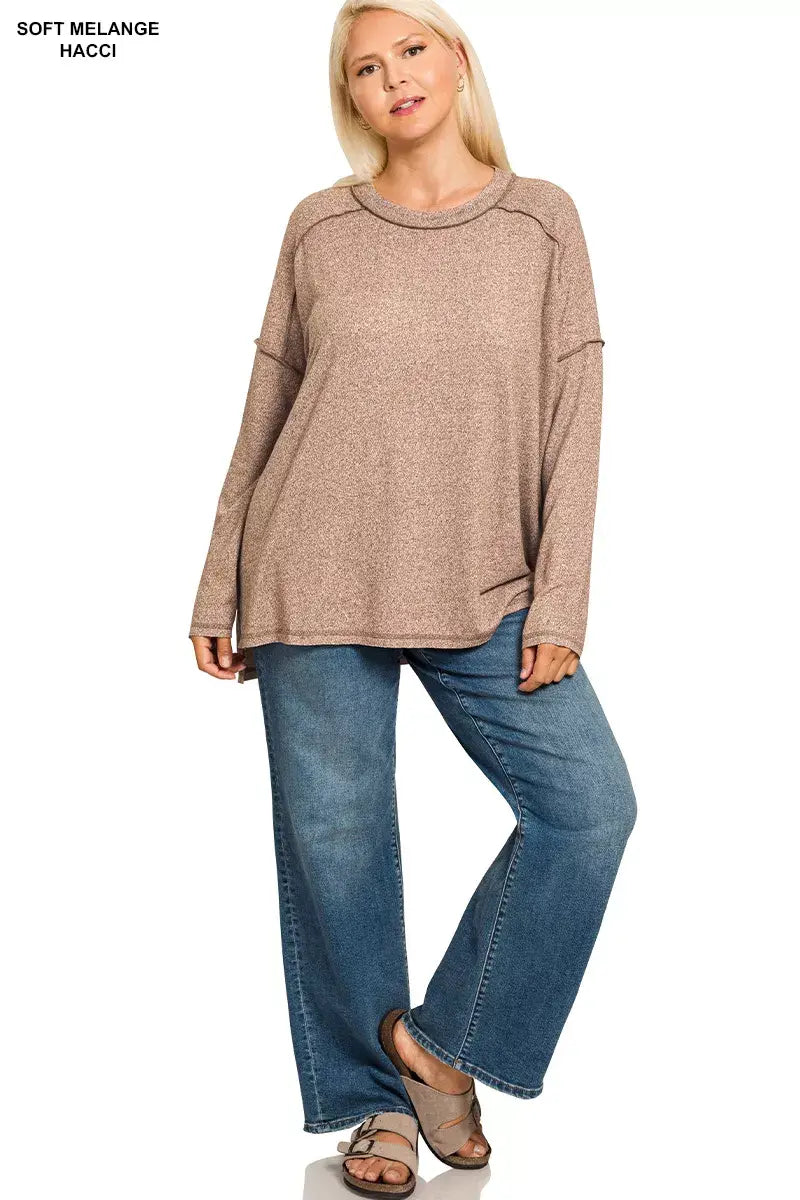Zenana Full Size Melange Hacci Exposed Seam Hi-low Tee Plus Size - Trendsi - Flyclothing LLC