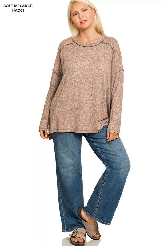 Zenana Full Size Melange Hacci Exposed Seam Hi-low Tee Plus Size - Trendsi - Flyclothing LLC