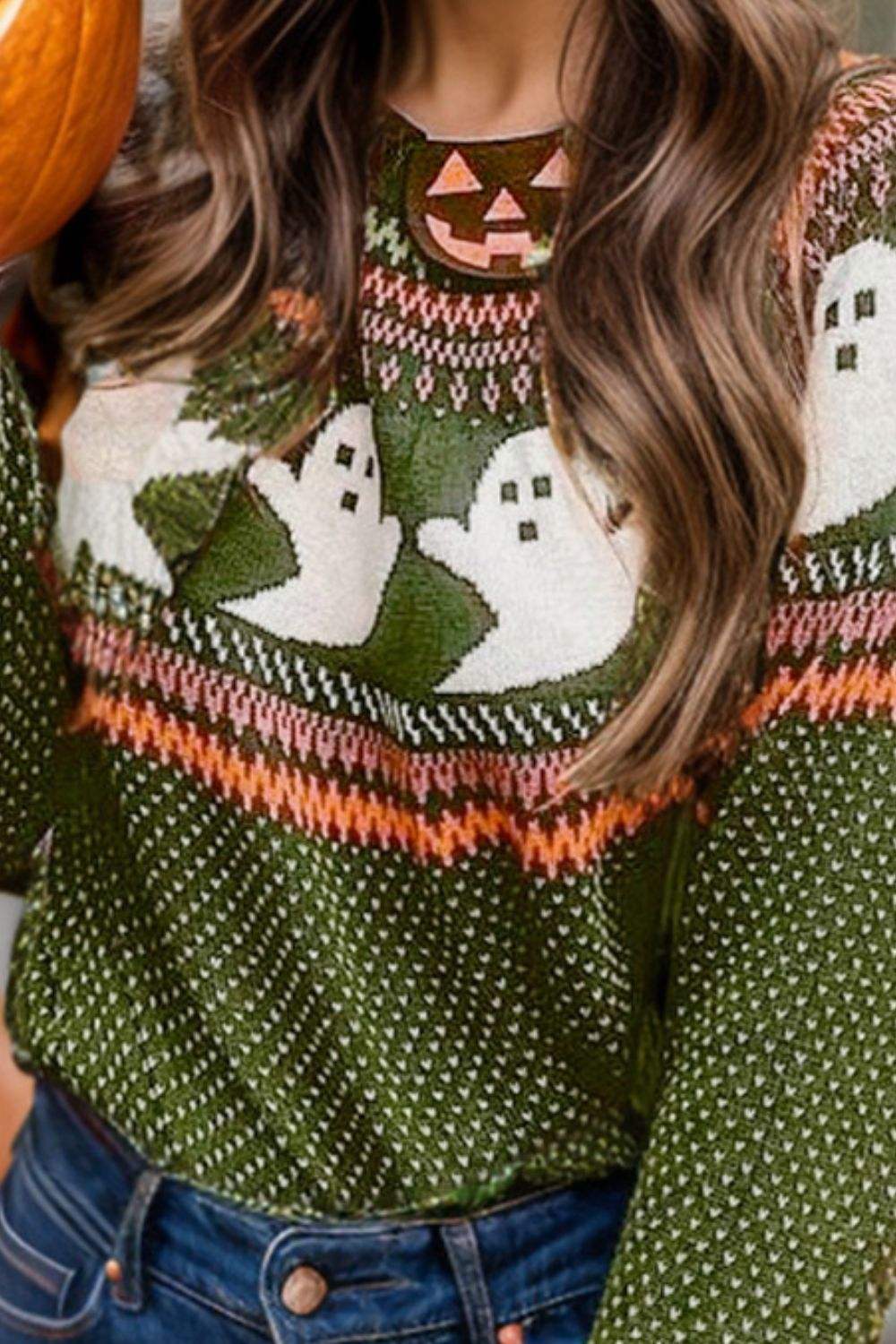Ghost Round Neck Long Sleeve Sweater - Trendsi - Flyclothing LLC
