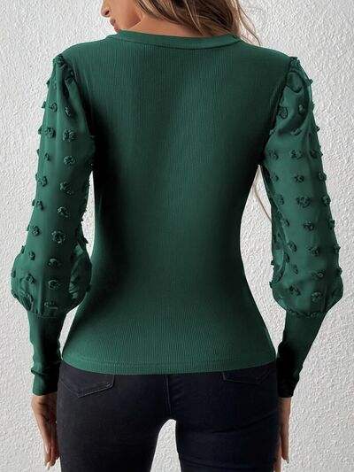 Swiss Dot V-Neck Long Sleeve Top - Trendsi - Flyclothing LLC