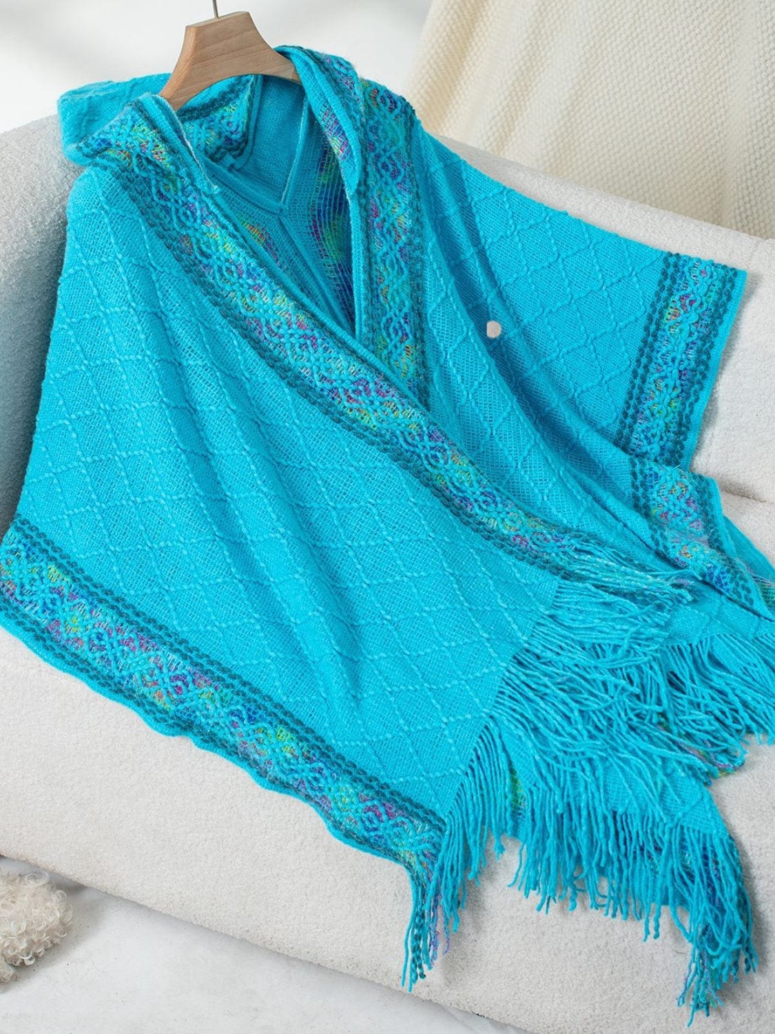 Fringe Half Sleeve Hooded Poncho - Trendsi