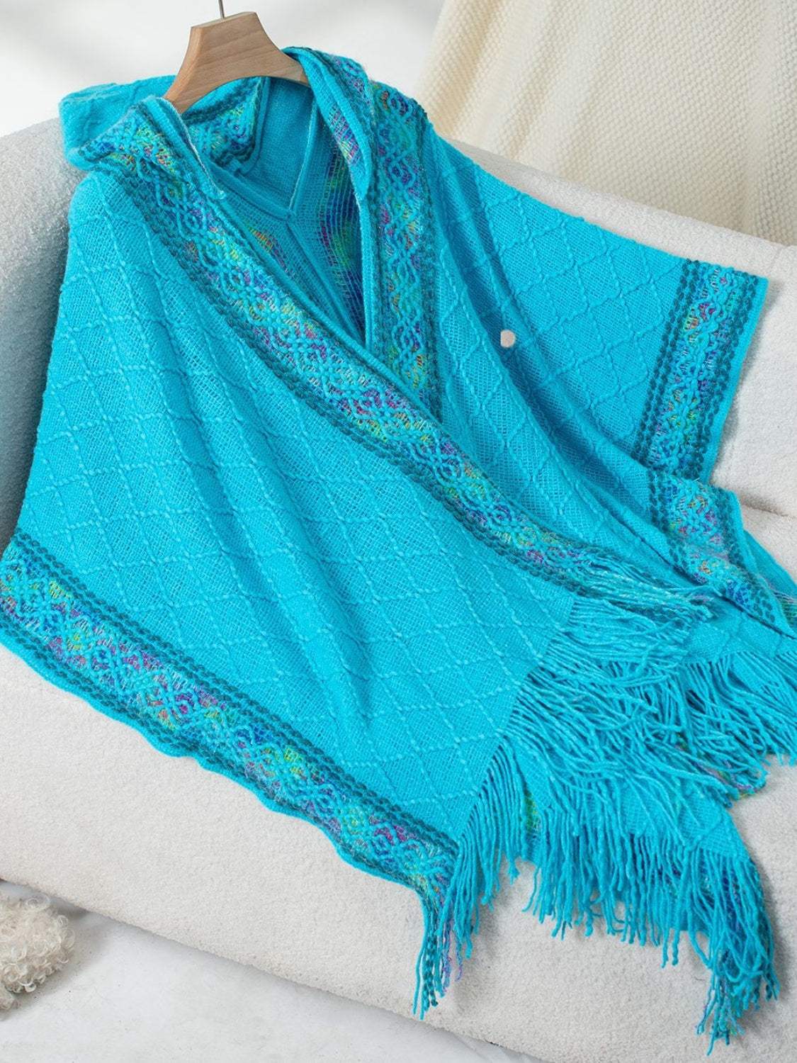 Fringe Half Sleeve Hooded Poncho - Trendsi - Flyclothing LLC