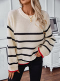 Striped Round Neck Dropped Shoulder Sweater - Trendsi