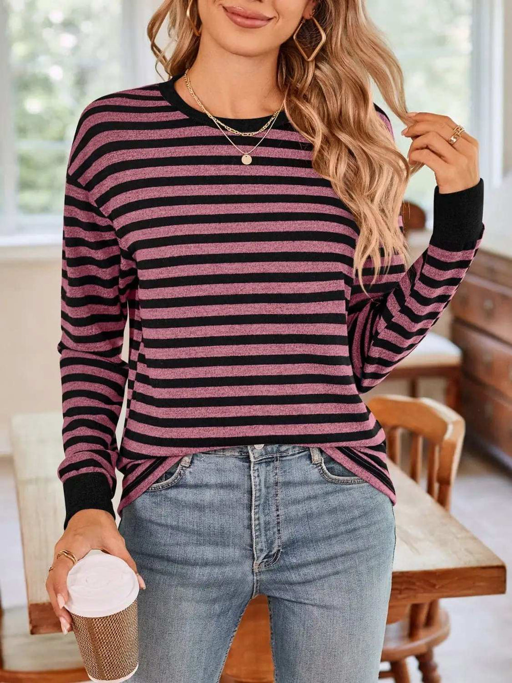 Striped Round Neck Long Sleeve T-Shirt - Trendsi - Flyclothing LLC