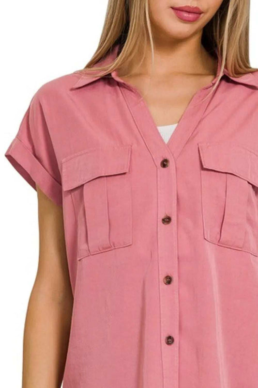 Zenana Tencel V-neck Collared Top W Front Flap Pockets - Trendsi - Flyclothing LLC