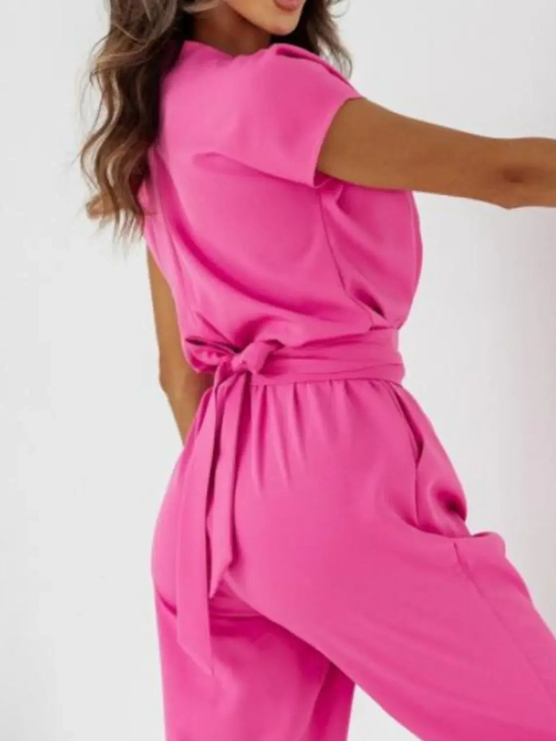 Surplice Cap Sleeve Tie Waist Jumpsuit - Trendsi - Flyclothing LLC