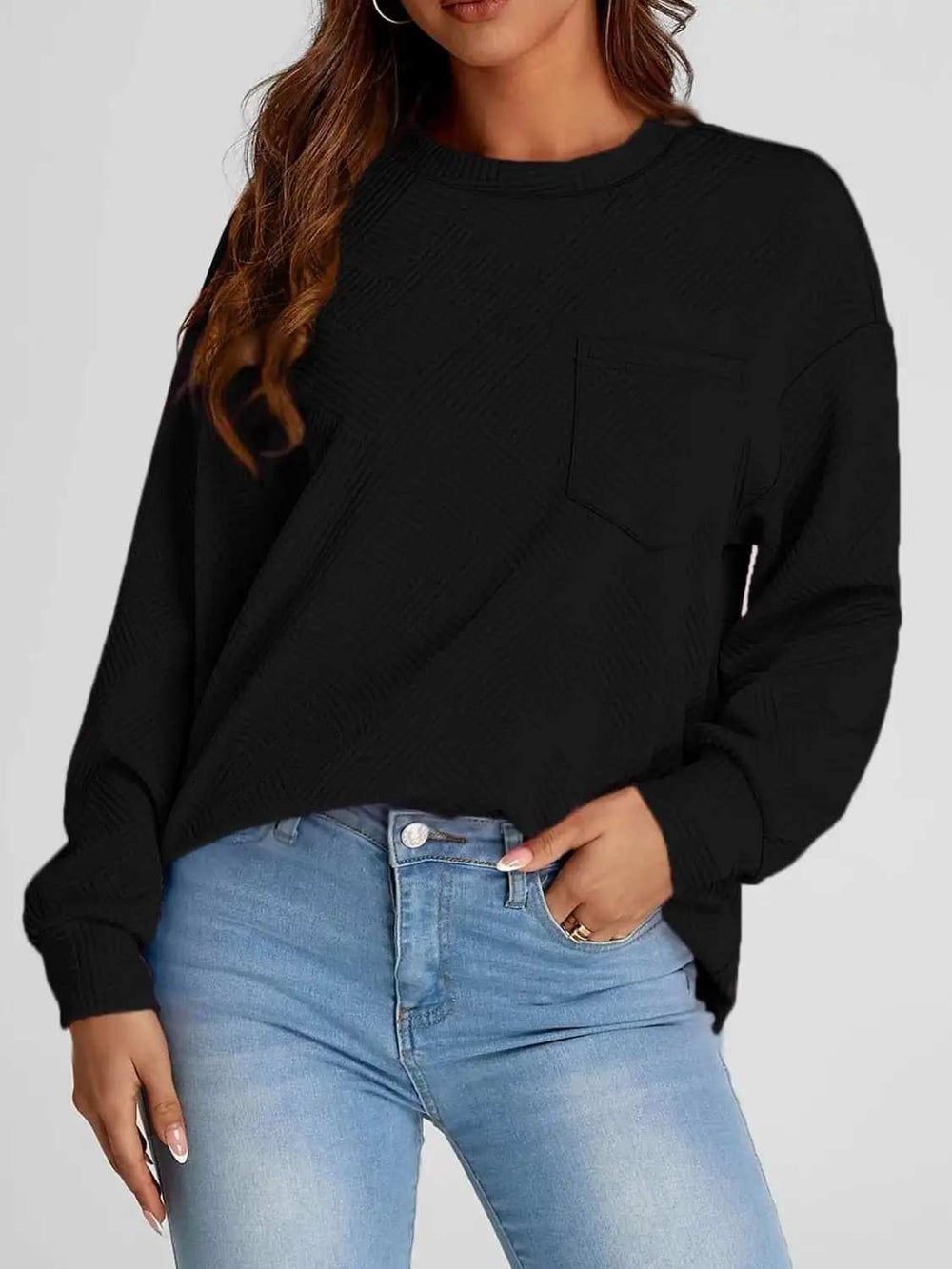 Full Size Texture Round Neck Long Sleeve Sweatshirt - Trendsi - Flyclothing LLC