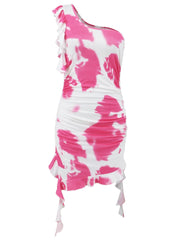 Ruffled Tie-Dye Single Shoulder Mini Dress - Trendsi