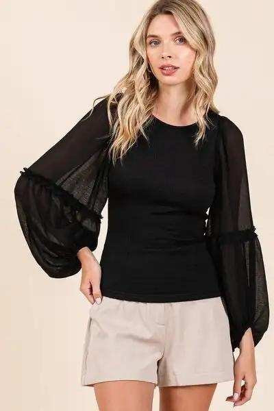 Mittoshop Mixed Media Textured Knit Chiffon Long Sleeve Top - Trendsi - Flyclothing LLC