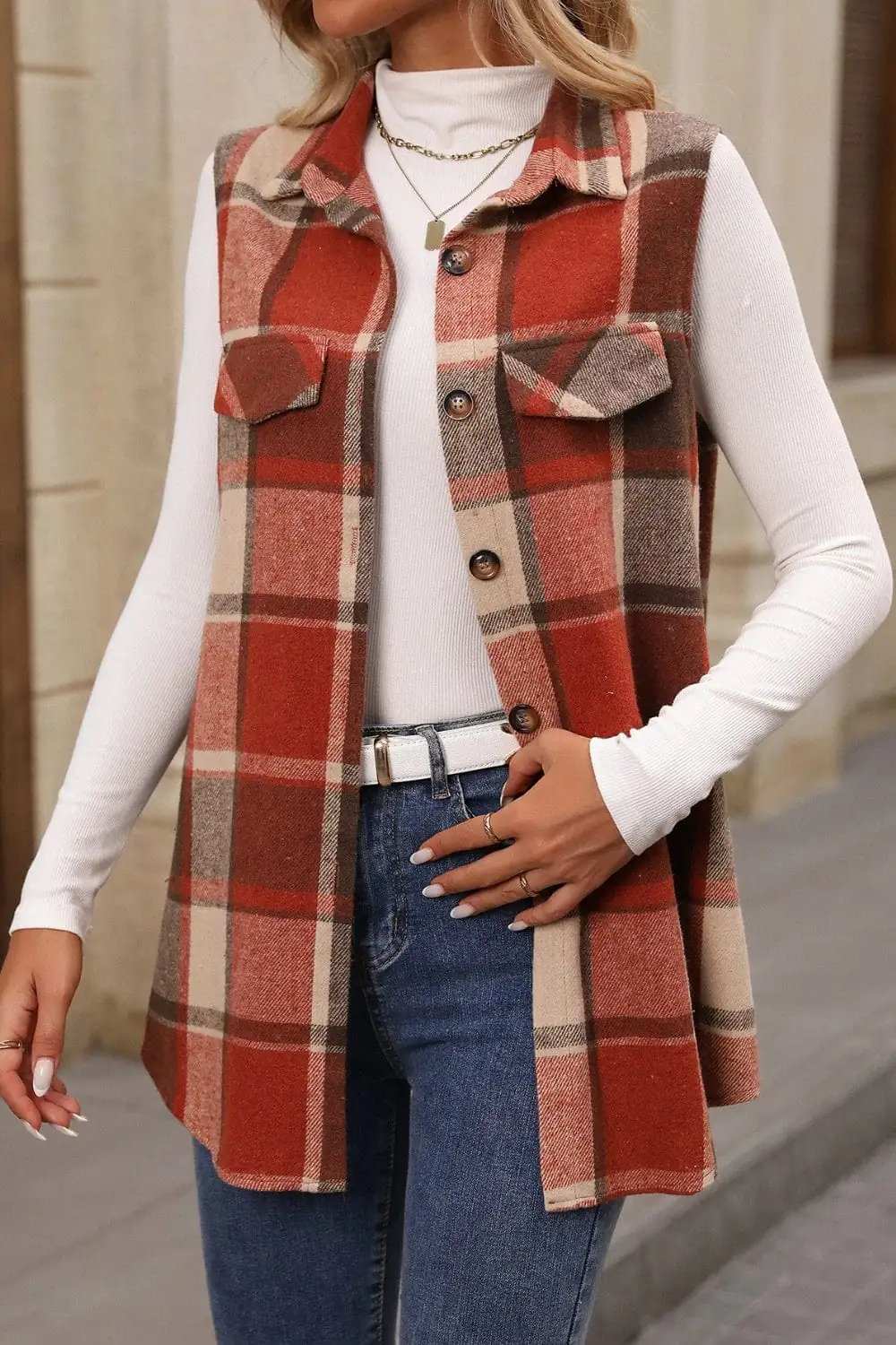 Plaid Button Up Vest Coat - Trendsi - Flyclothing LLC