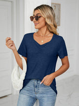 Ruched V-Neck Short Sleeve T-Shirt - Trendsi - Flyclothing LLC