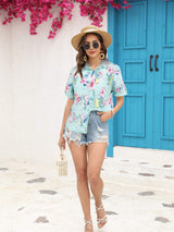 Printed Collared Neck Short Sleeve Shirt - Trendsi - Flyclothing LLC
