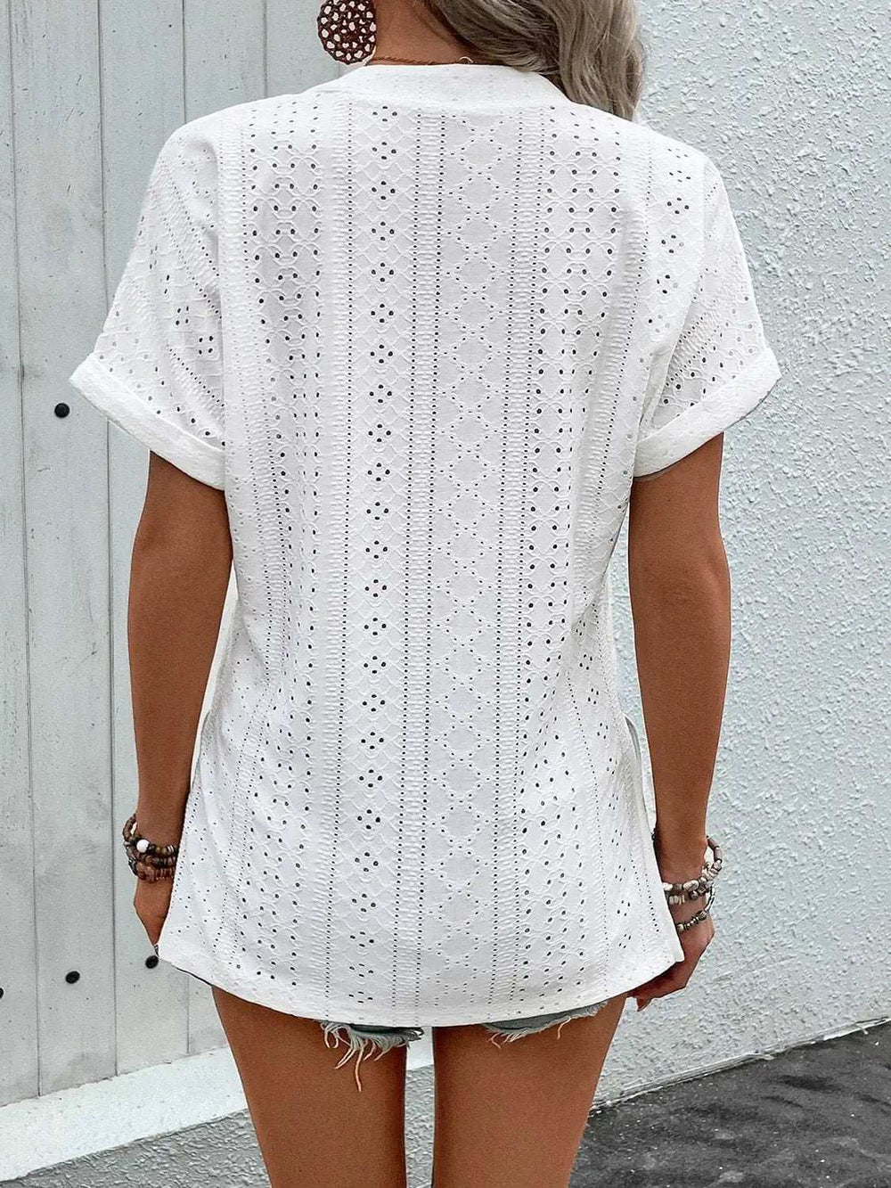 Eyelet Notched Short Sleeve Blouse - Trendsi - Flyclothing LLC