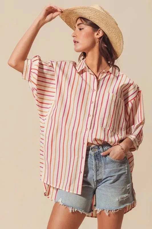 SO ME Multicolored Stripe Button Down Shirt - Trendsi - Flyclothing LLC