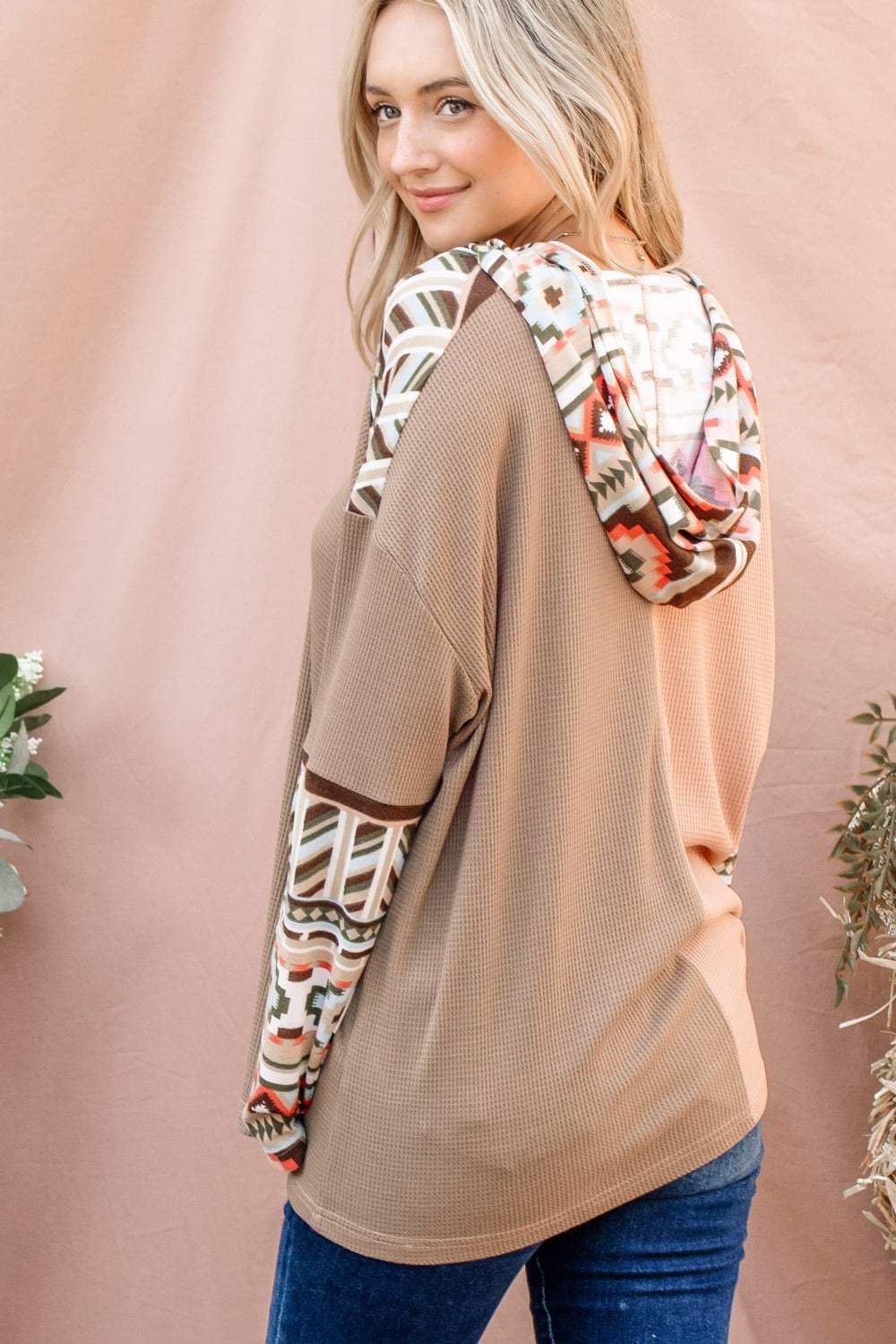 And The Why Printed Color Block Hooded Waffle Top - Trendsi - Flyclothing LLC