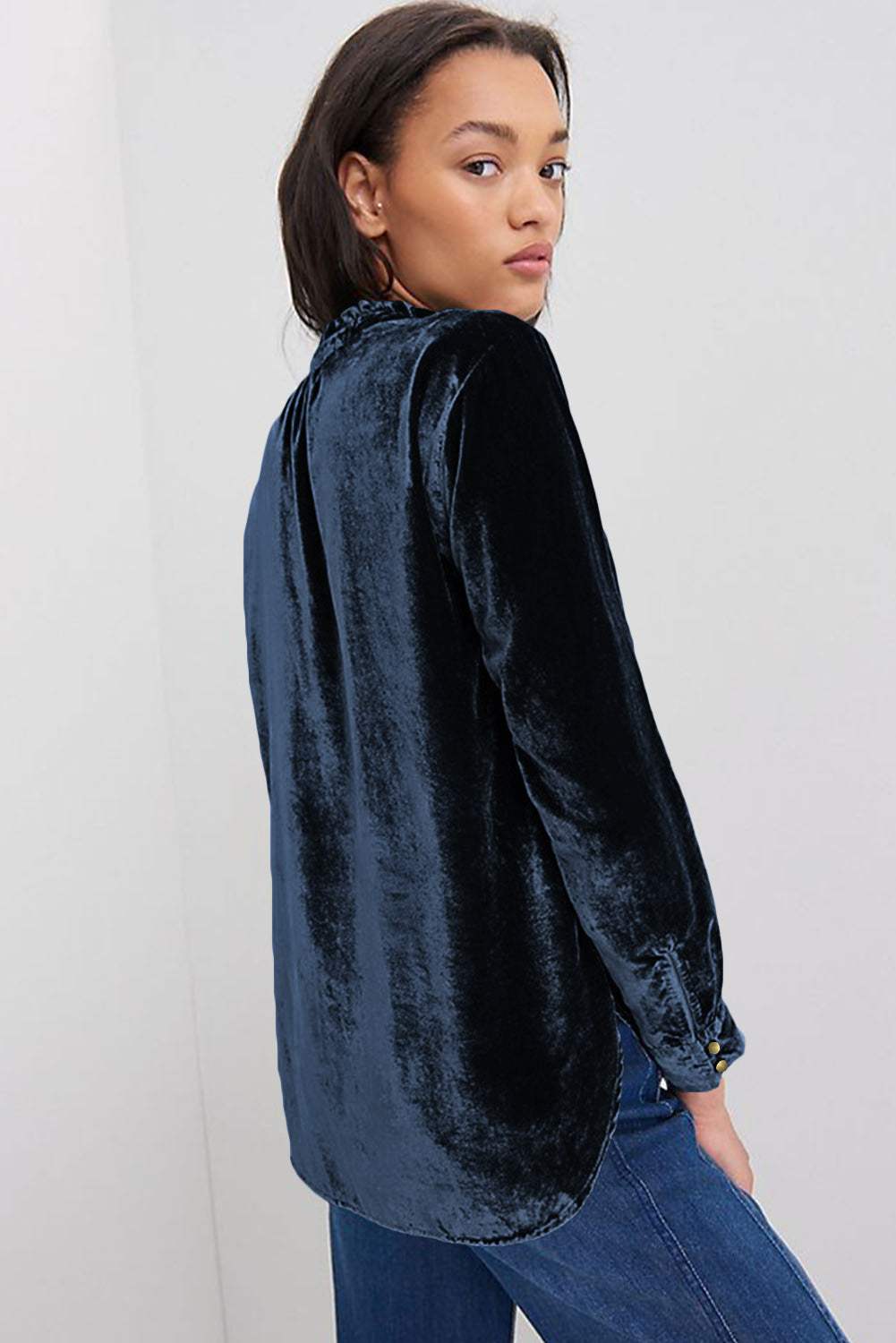 Frill Half Button Mock Neck Long Sleeve Blouse - Trendsi - Flyclothing LLC