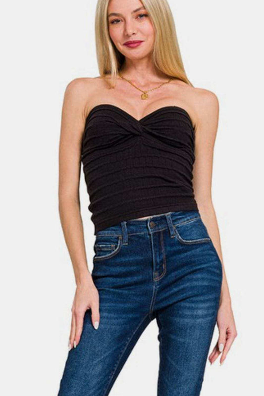 Zenana Ruched Twisted Sweetheart Neck Top - Trendsi - Flyclothing LLC