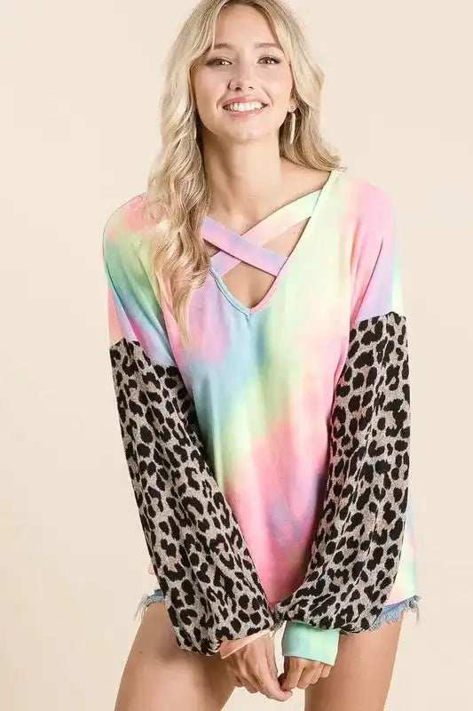 BiBi Tie Dye Terry Top with Leopard Puff Sleeves - Trendsi - Flyclothing LLC