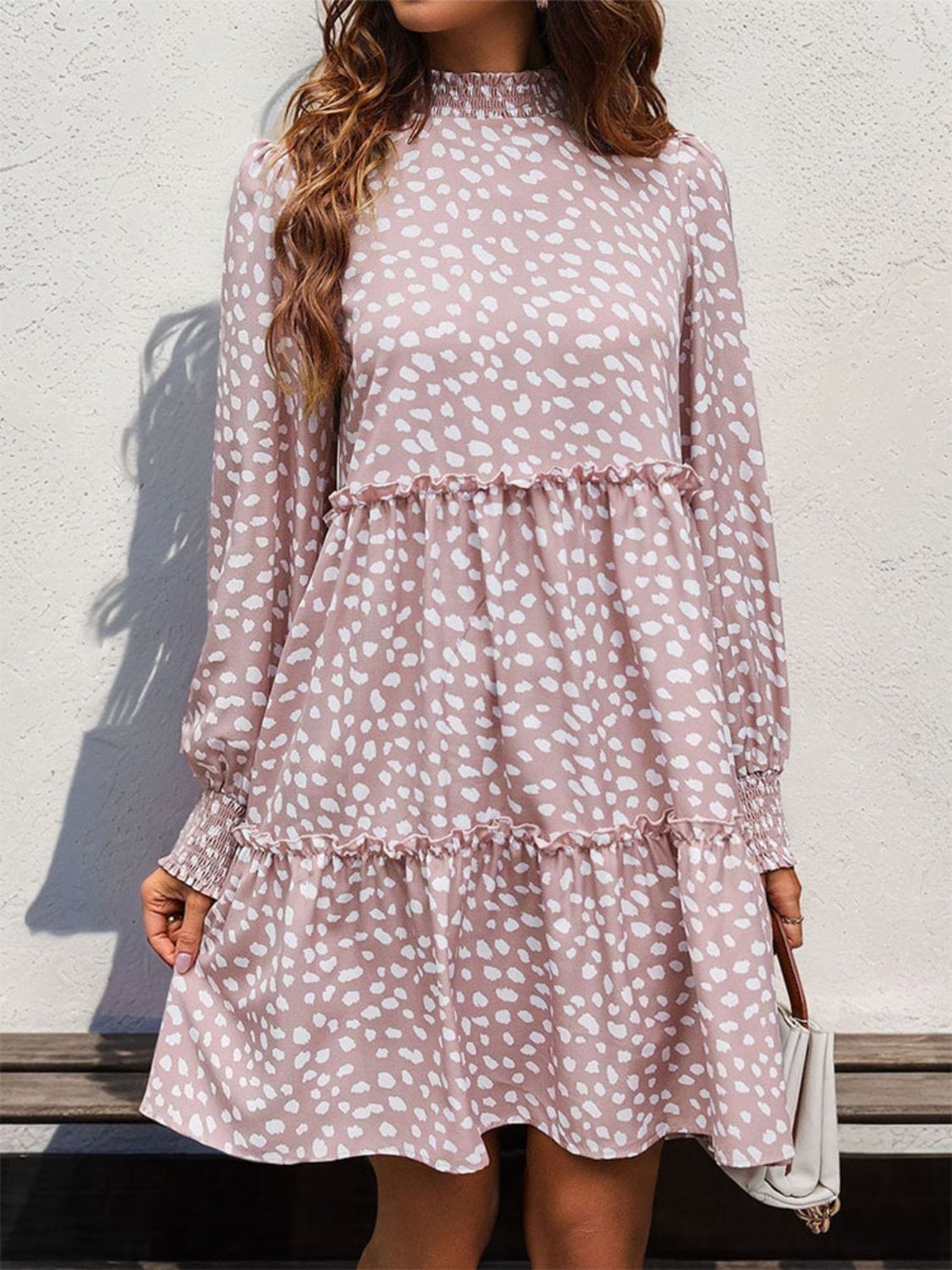 Frill Printed Mock Neck Long Sleeve Mini Dress - Trendsi