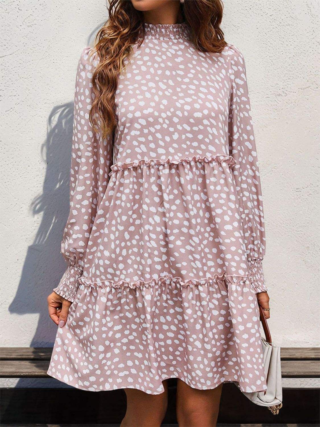 Frill Printed Mock Neck Long Sleeve Mini Dress - Trendsi - Flyclothing LLC