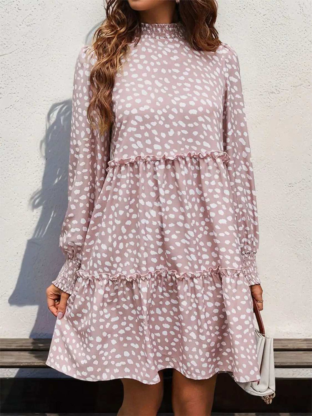 Frill Printed Mock Neck Long Sleeve Mini Dress - Trendsi - Flyclothing LLC