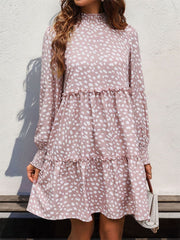 Frill Printed Mock Neck Long Sleeve Mini Dress - Trendsi