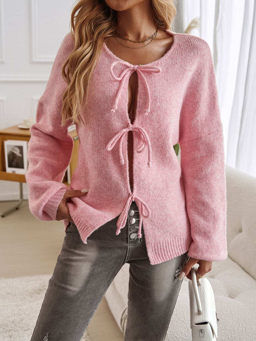 Devine Tied Round Neck Dropped Shoulder Cardigan - Trendsi - Flyclothing LLC