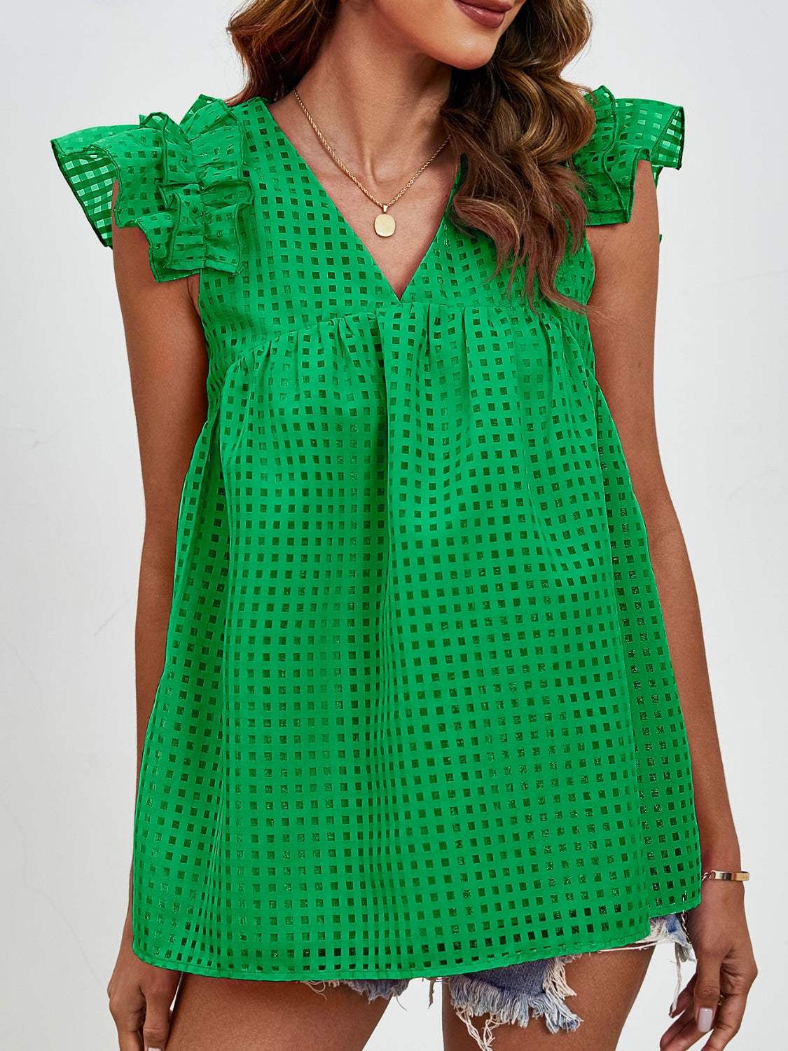 Ruched V-Neck Cap Sleeve Blouse - Trendsi - Flyclothing LLC