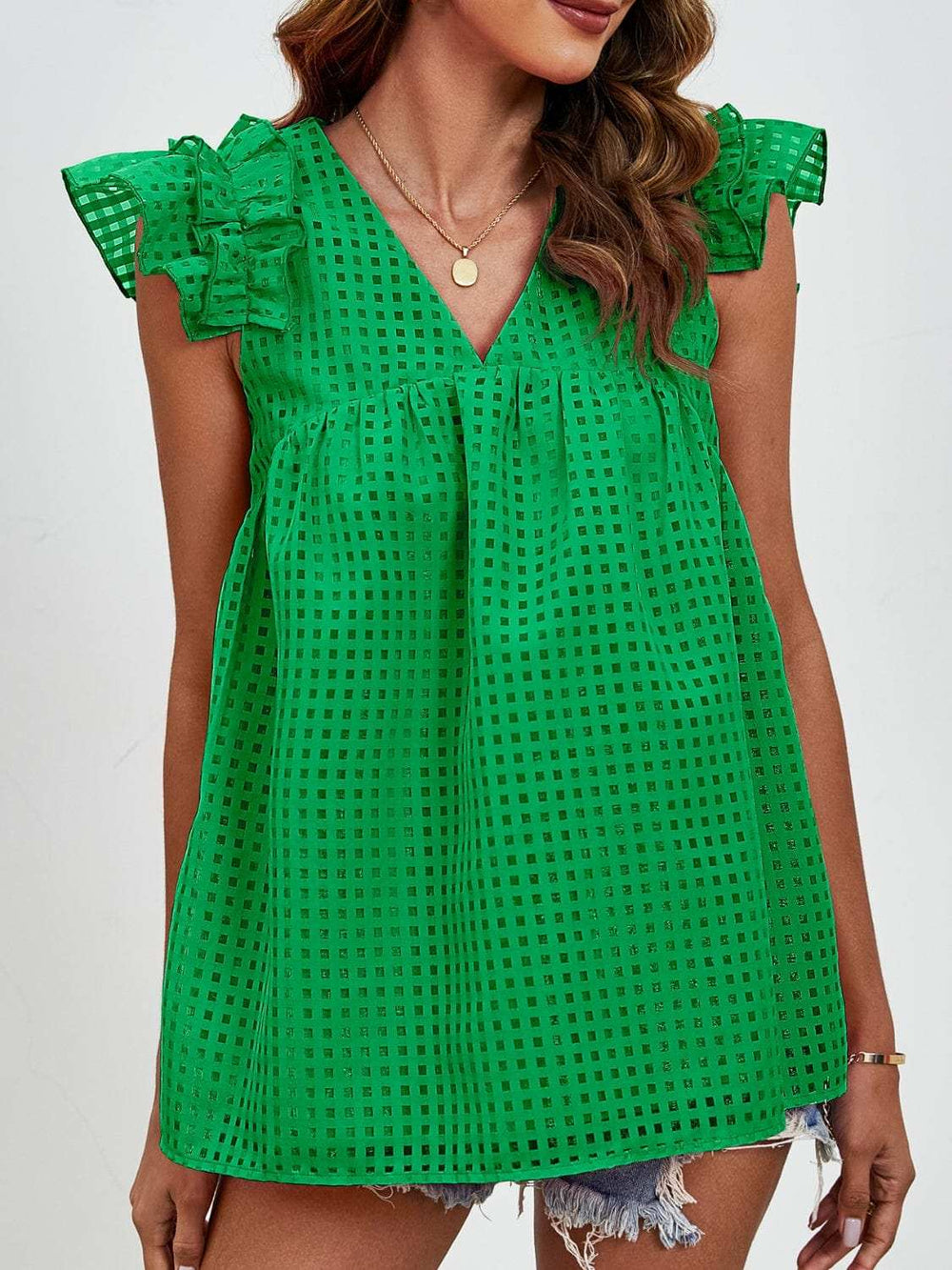 Ruched V-Neck Cap Sleeve Blouse - Trendsi - Flyclothing LLC