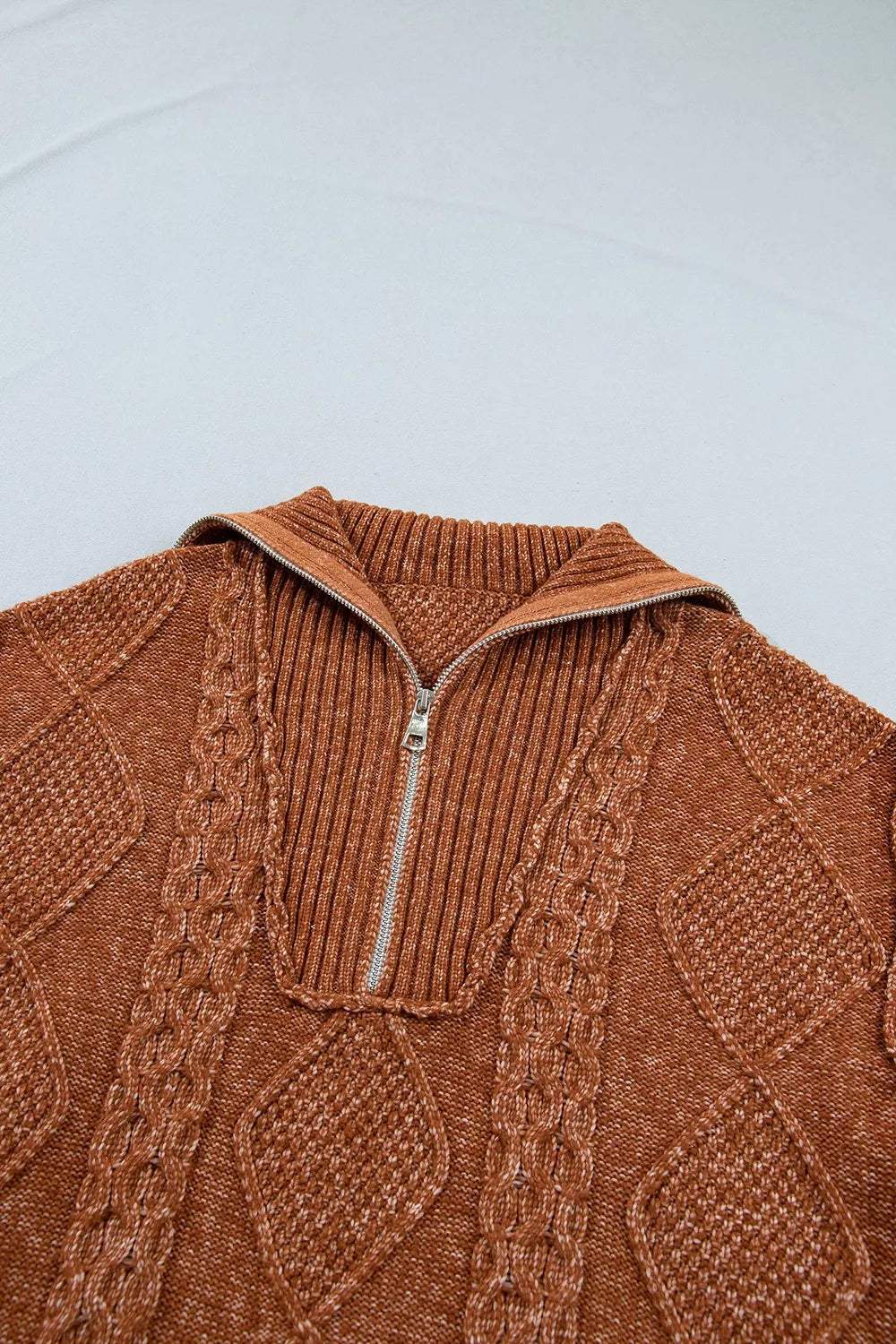 Zip-Up Cable Knit Drop Shoulder Sweater Dress - Trendsi - Flyclothing LLC