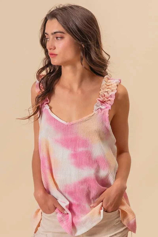 BiBi Tie Dye Printed Textured Woven with Ruffled - Trendsi - Flyclothing LLC