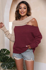 Asymmetrical Long Sleeve Two-Tone Cutout Sweater - Trendsi - Flyclothing LLC