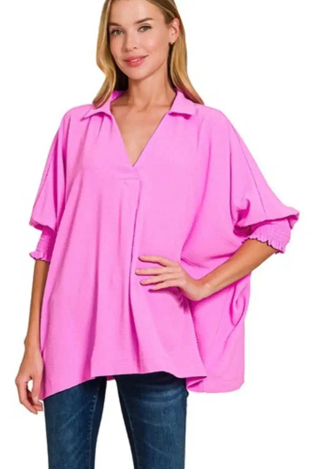 Zenana Airflow Collar Tee with Smocked Sleeve Band Top - Trendsi - Flyclothing LLC