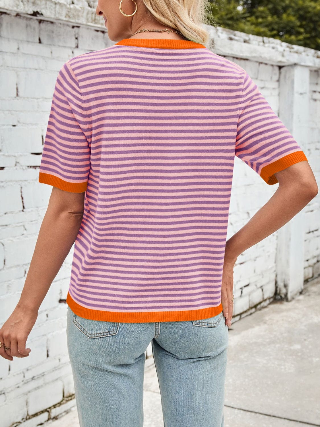 Lovelet Striped Contrast Round Neck Half Sleeve Knit Top - Trendsi
