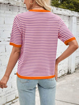 Lovelet Striped Contrast Round Neck Half Sleeve Knit Top - Trendsi - Flyclothing LLC