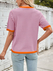 Lovelet Striped Contrast Round Neck Half Sleeve Knit Top - Trendsi