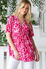 Heimish Full Size Short Sleeve Crisscross Animal Babydoll Top Plus Size - Trendsi - Flyclothing LLC