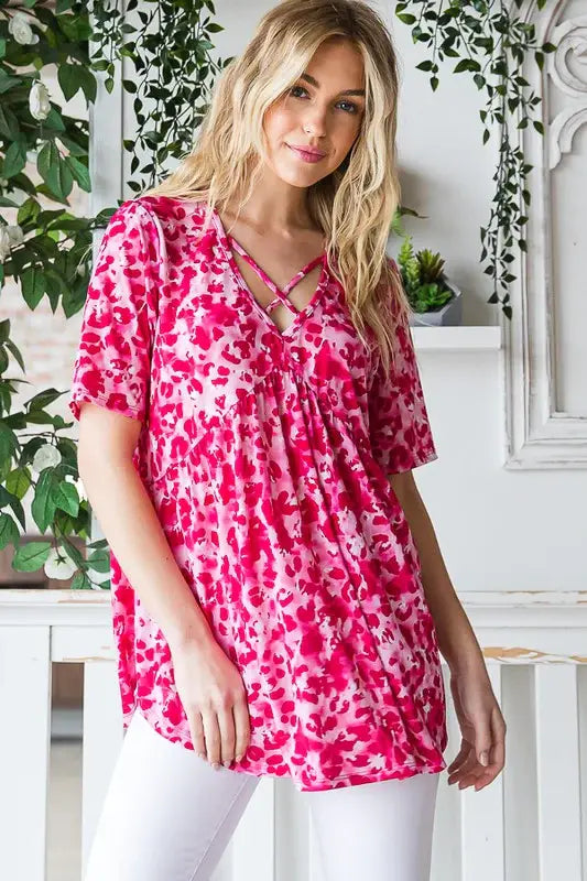 Heimish Full Size Short Sleeve Crisscross Animal Babydoll Top Plus Size - Trendsi - Flyclothing LLC